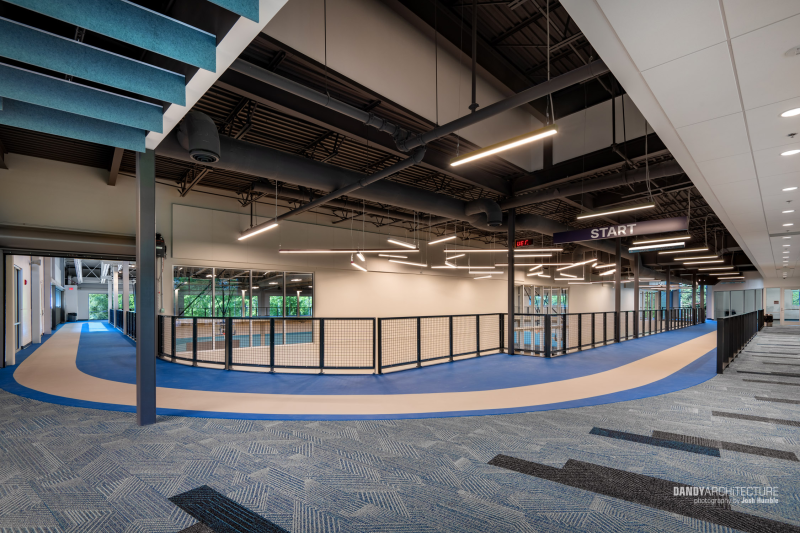 Wide interior of recreational facility.
