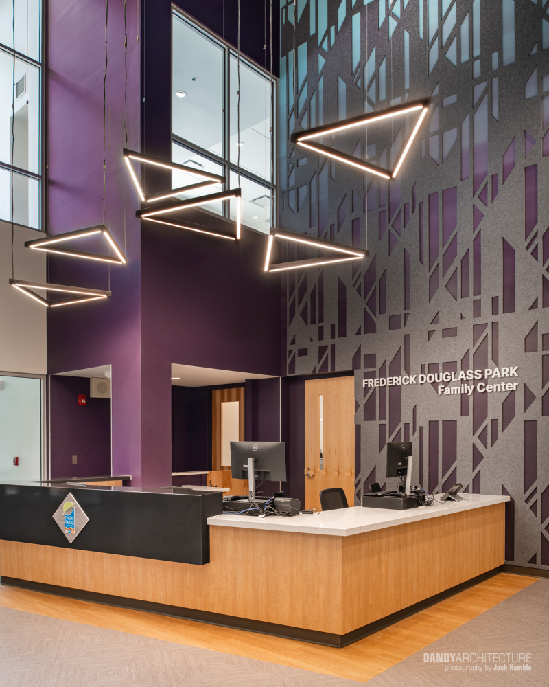 Wide interior of recreational facility.