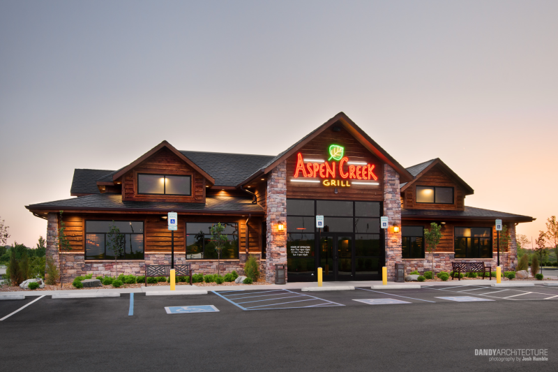 Exterior photograph of restaurant, dusk image.