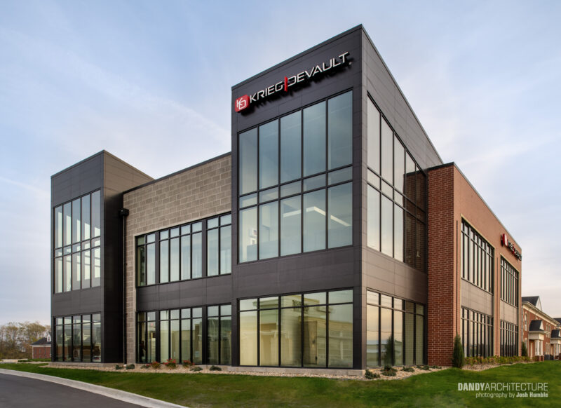 Exterior of law firm, blue skies.